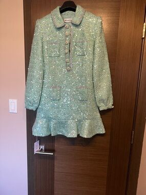 NWT Self-Portrait Mint Sequin Tweed Crystal-Trim dress size 4